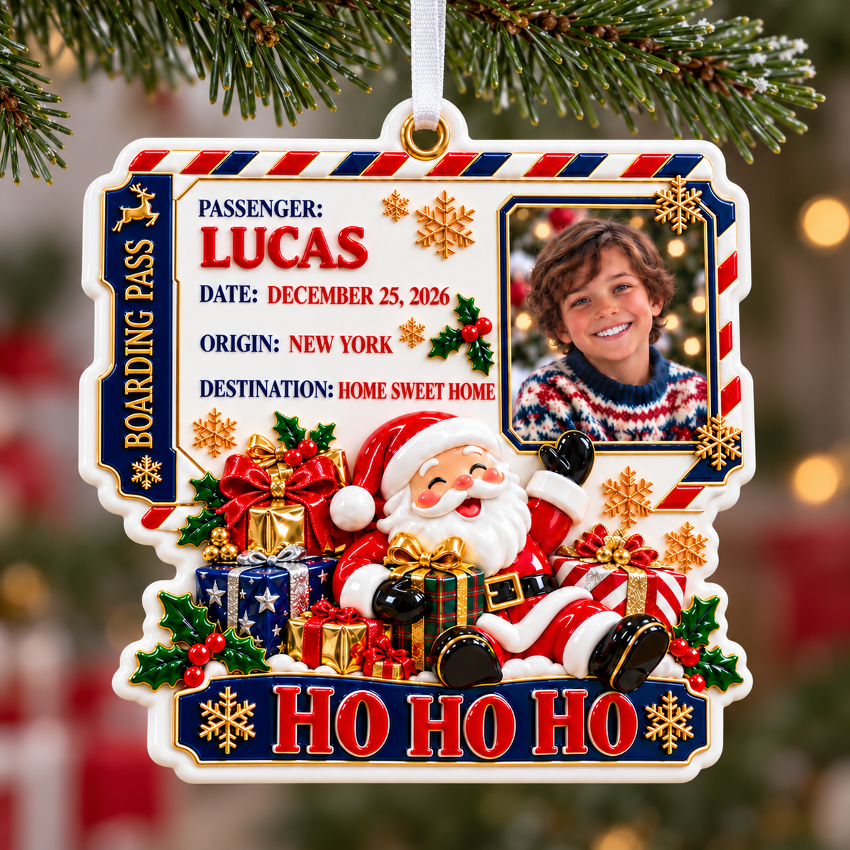Santa Claus Boarding Pass Photo Frame Christmas Holiday Keepsake - 3D Relief Ornament