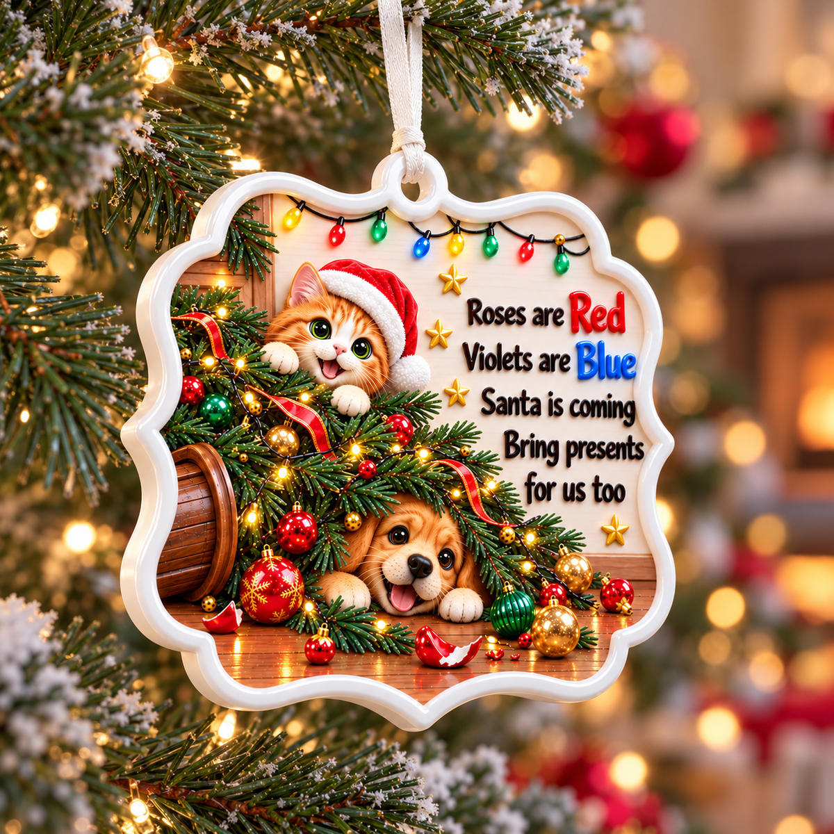 Holiday Pet Plaque Featuring Cat and Dog in Fallen Christmas Tree - 3D Relief Ornament