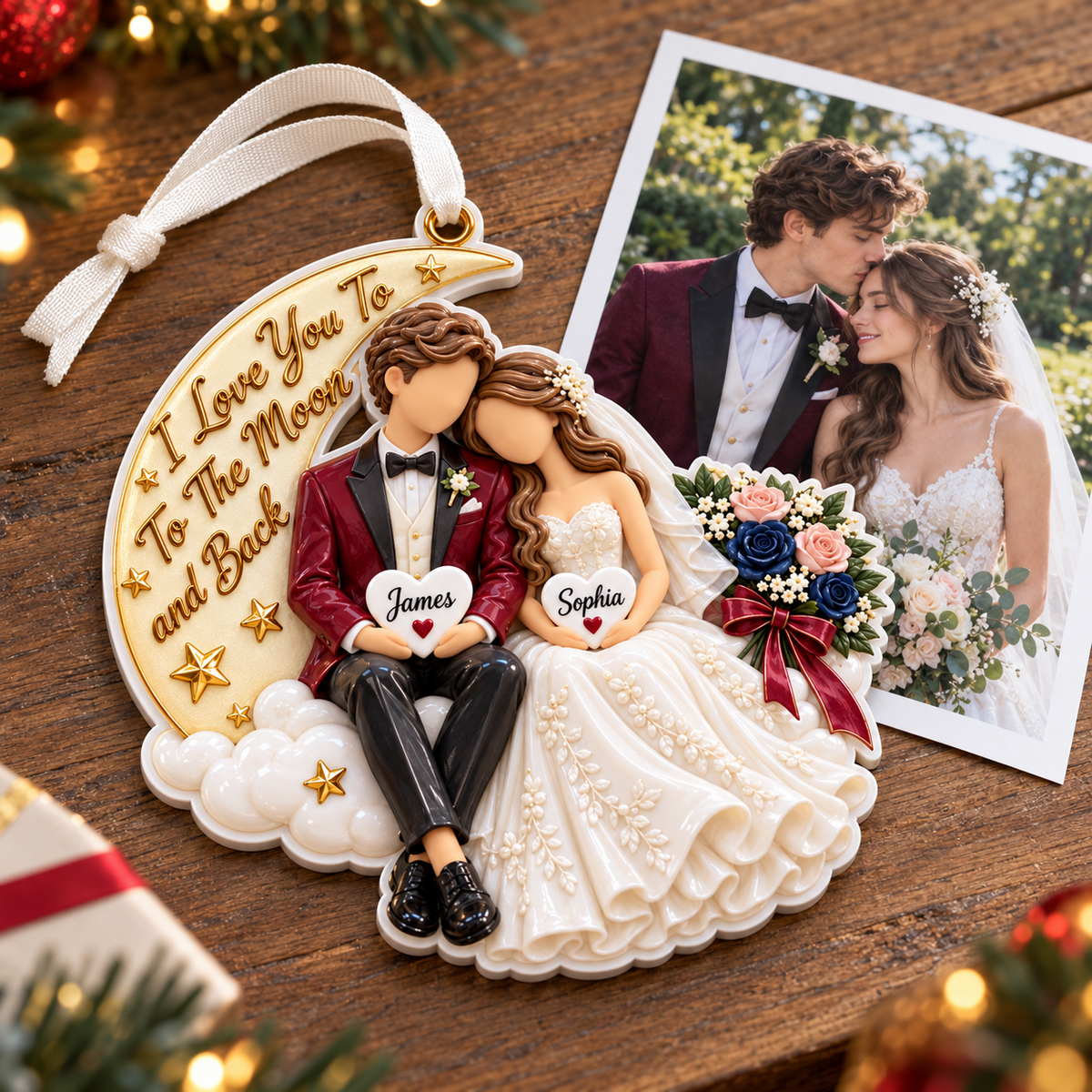 Wedding Couple on Crescent Moon Hanging Keepsake with Floral Bouquet - 3D Relief Ornament