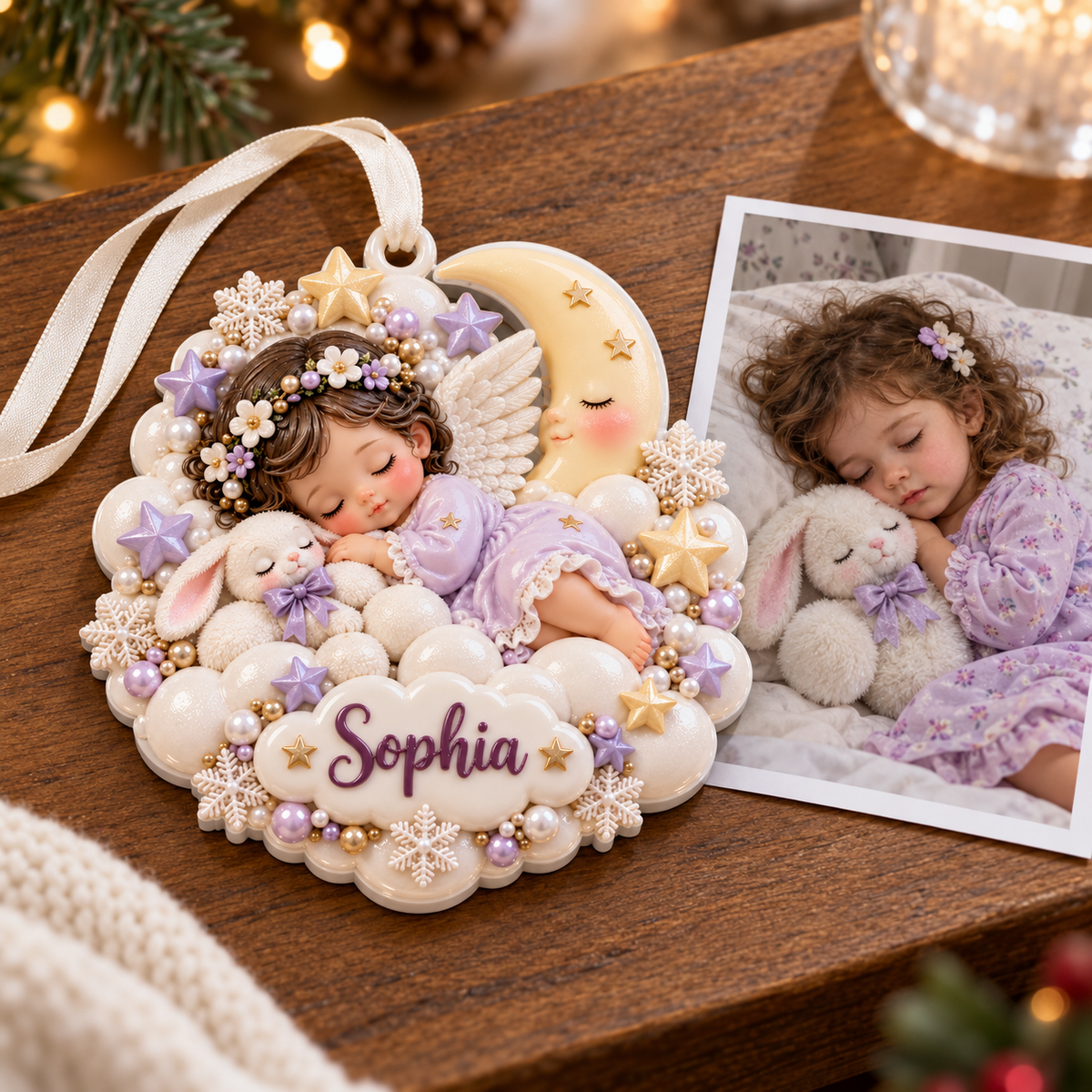 Sleeping Baby Angel with Bunny and Crescent Moon Holiday Keepsake - 3D Relief Ornament