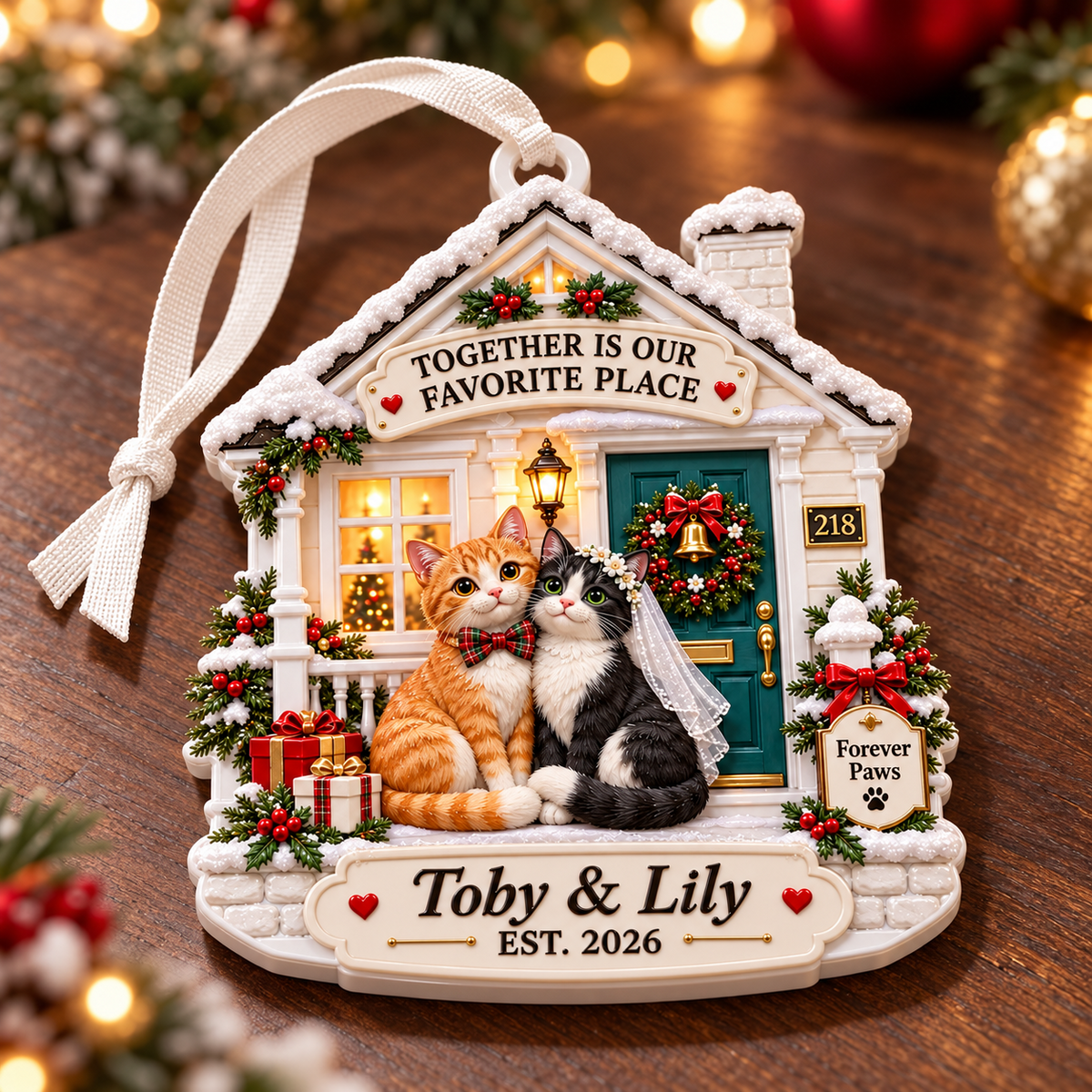 Cat Couple Winter Cottage Holiday Keepsake Plaque - 3D Relief Ornament