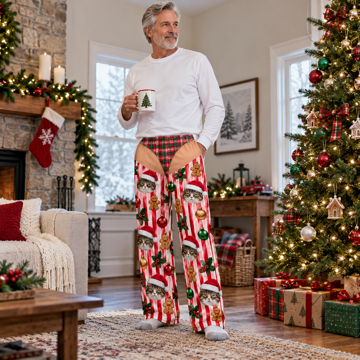 Christmas Pajama Pants with Thong Print and Holiday Dog Face Pattern