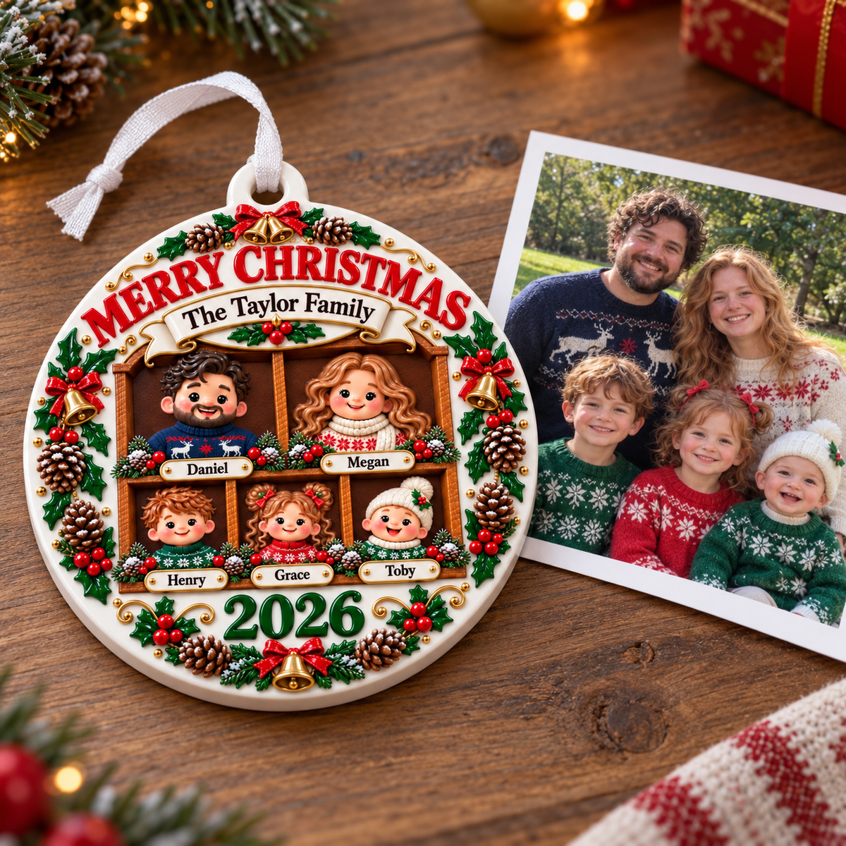 Family of Five Holiday Keepsake Acrylic Medallion with Pinecones - 3D Relief Ornament