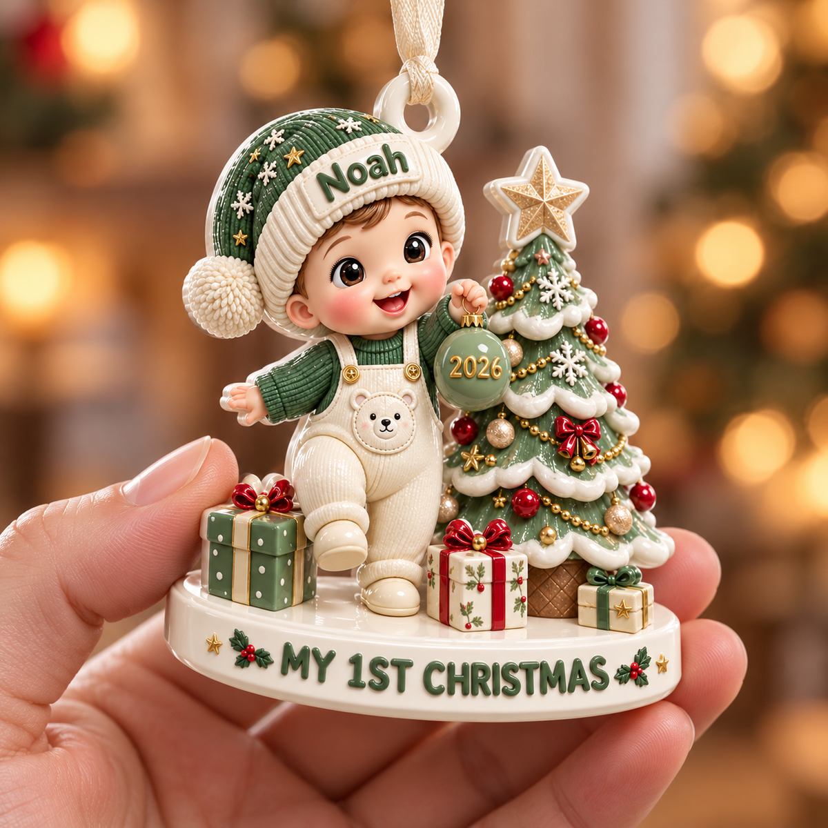 Baby Boy First Christmas Tree Scene Polyresin Figurine Keepsake - 3D Relief Ornament