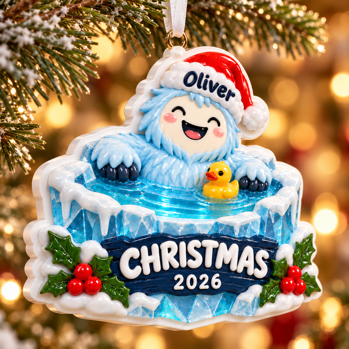 Cartoon Yeti in Ice Bath with Rubber Duck Holiday Keepsake - 3D Relief Ornament