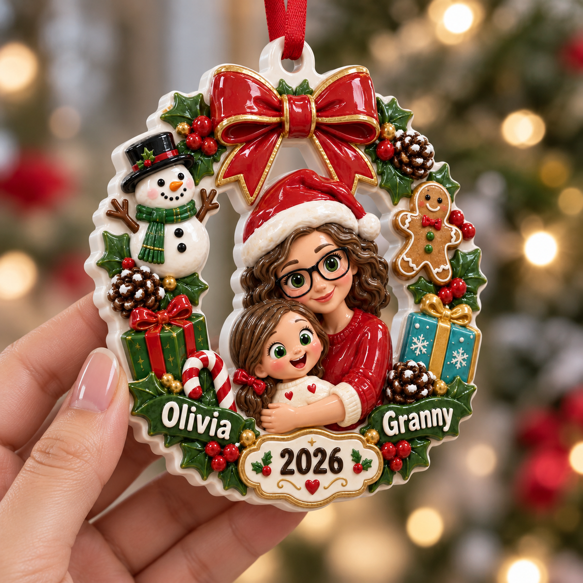 Grandmother and Granddaughter Christmas Wreath Holiday Keepsake - 3D Relief Ornament