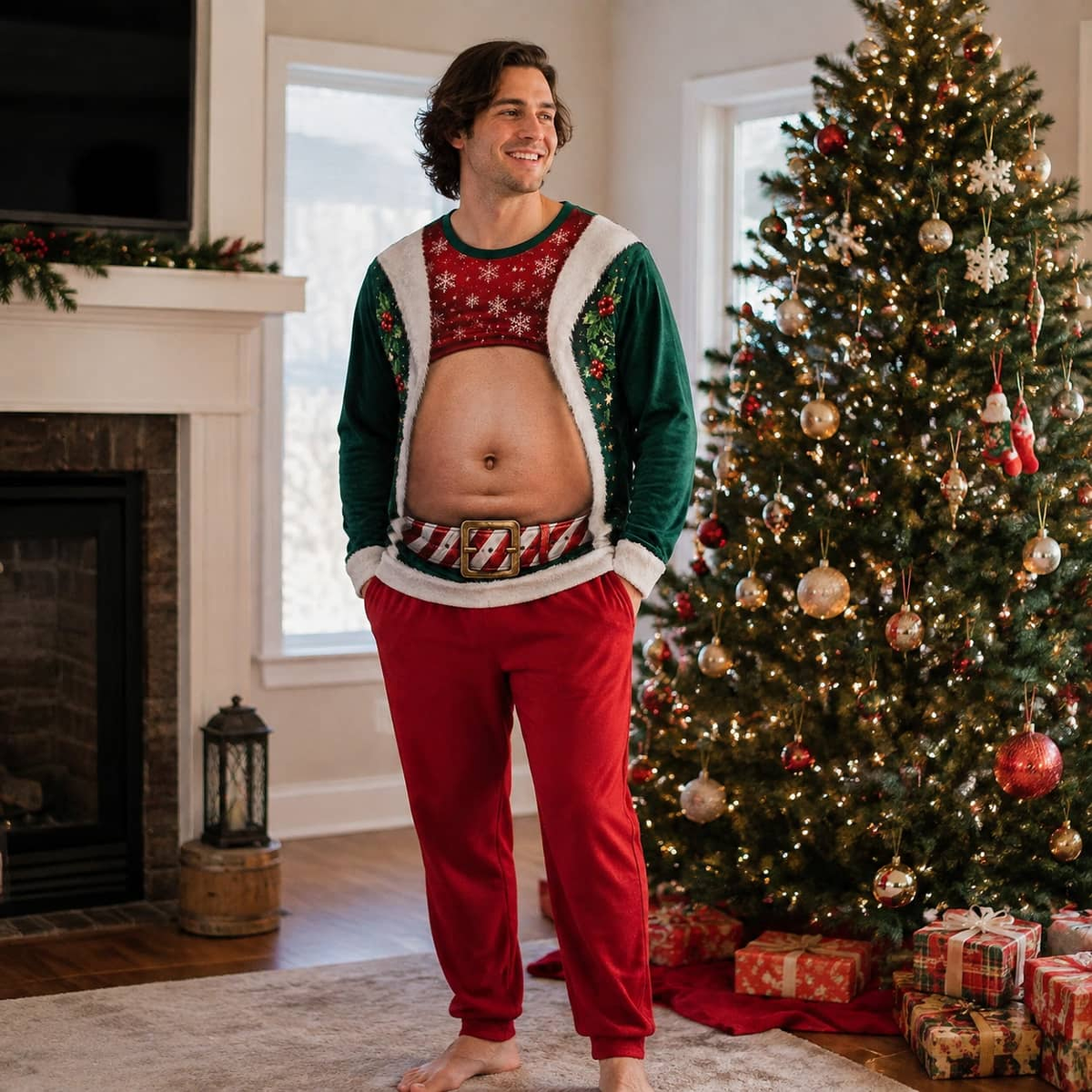 Christmas Sweatshirt Funny Fake Belly Exposed Stomach Graphic Top