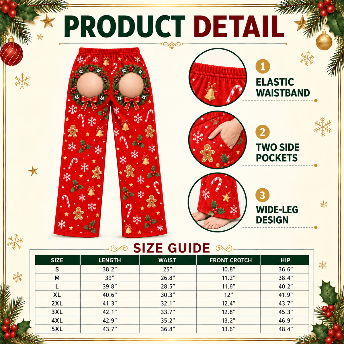 Novelty Christmas Pajama Pants Holiday Wreath Gag Print Lounge Bottoms