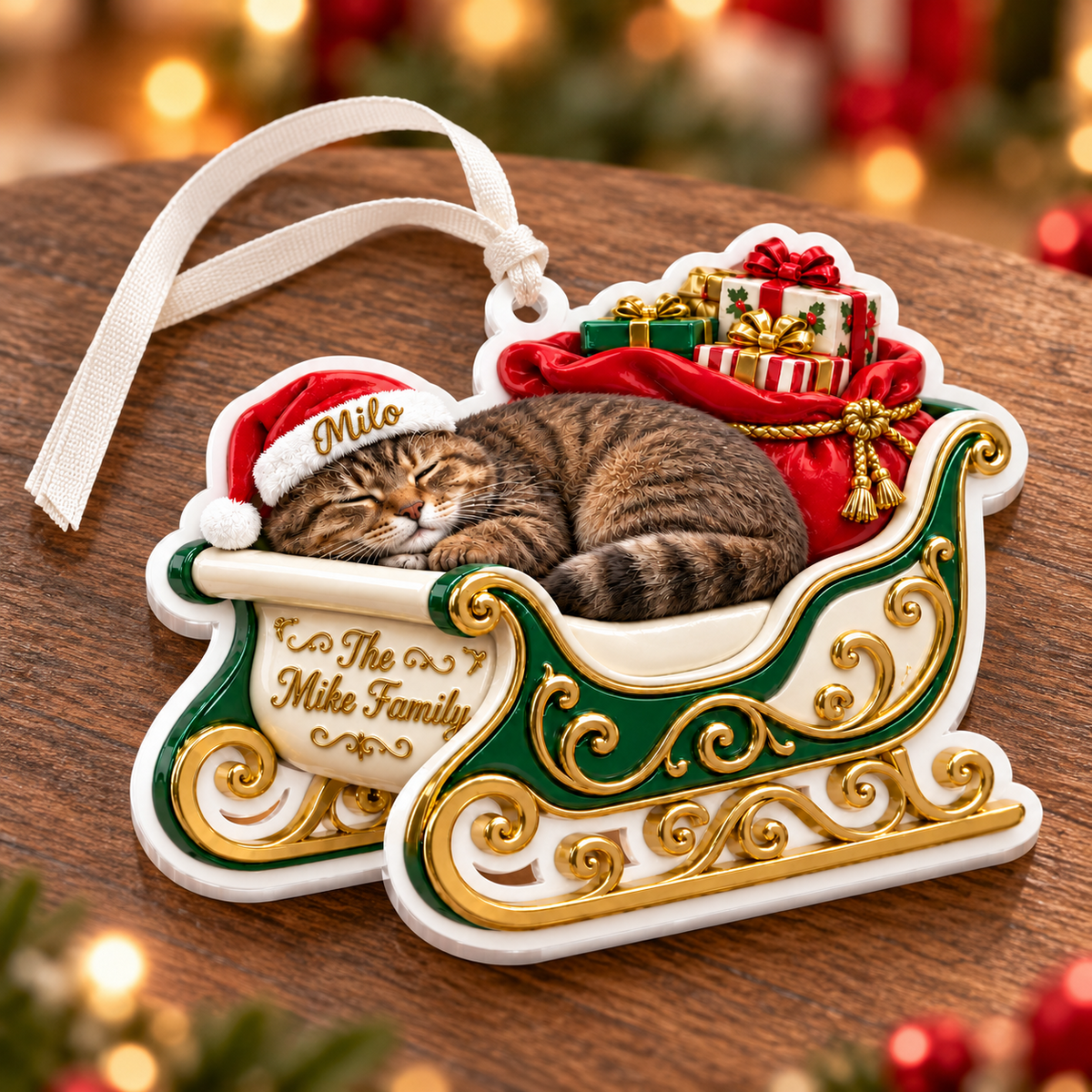 Sleeping Tabby Cat in Green and Gold Christmas Sleigh Holiday Decor - 3D Relief Ornament