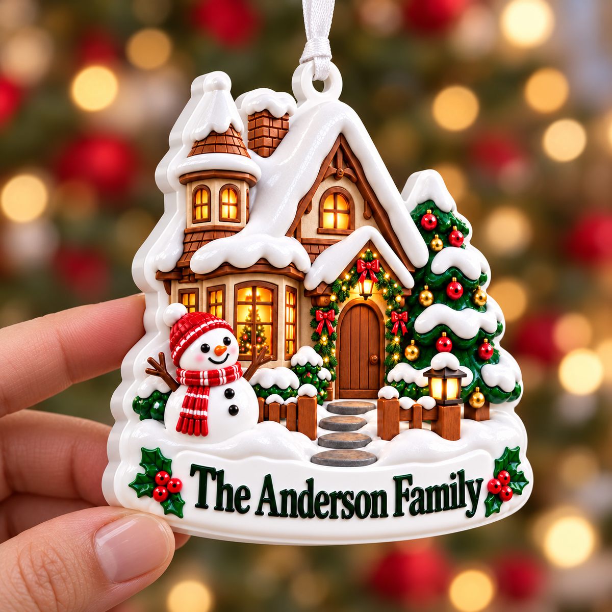 Snowy Winter House with Snowman and Christmas Tree - 3D Relief Ornament