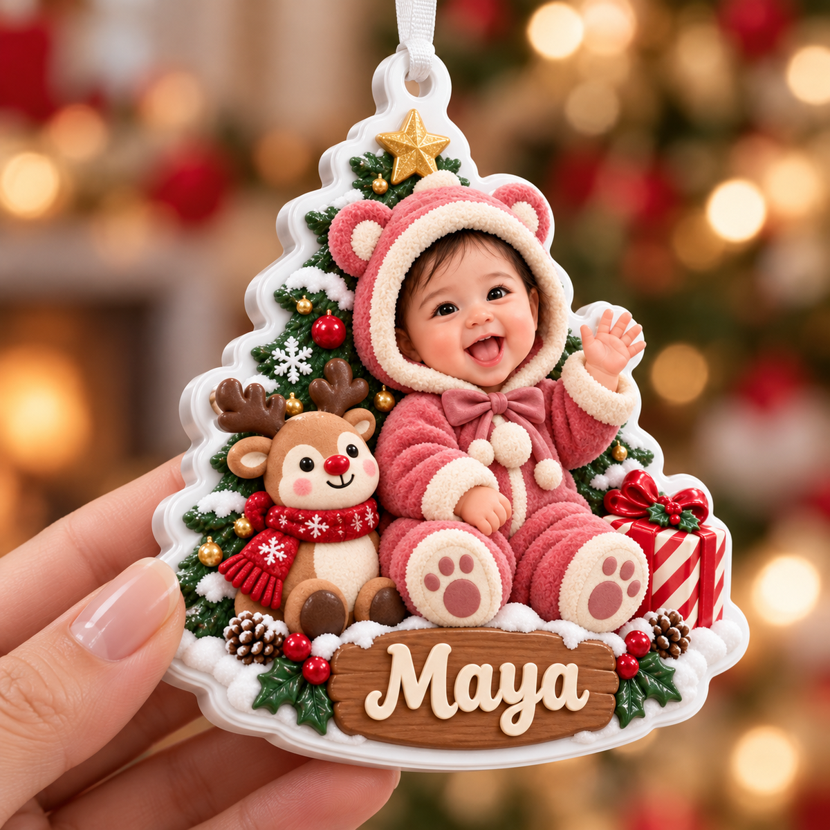 Baby Girl First Christmas Tree Plaque with Reindeer and Teddy Bear Suit - 3D Relief Ornament