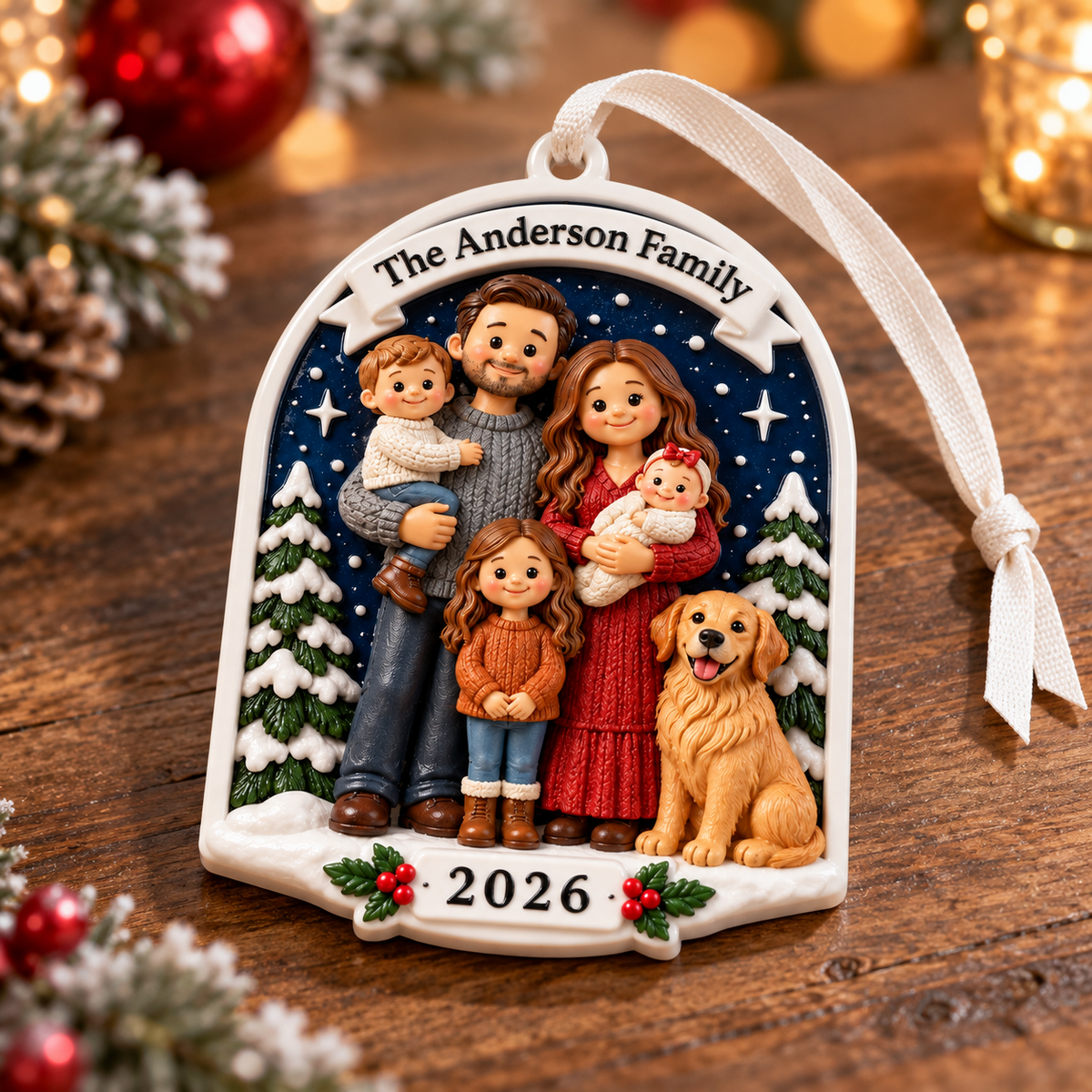 Family of Five with Golden Retriever Dog Holiday Keepsake Arch - 3D Relief Ornament