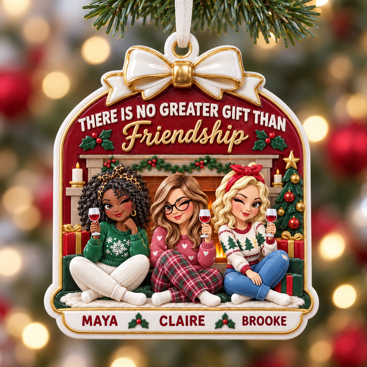 Christmas Tree Hanging Plaque with Friends Wine Fireplace Scene - 3D Relief Ornament