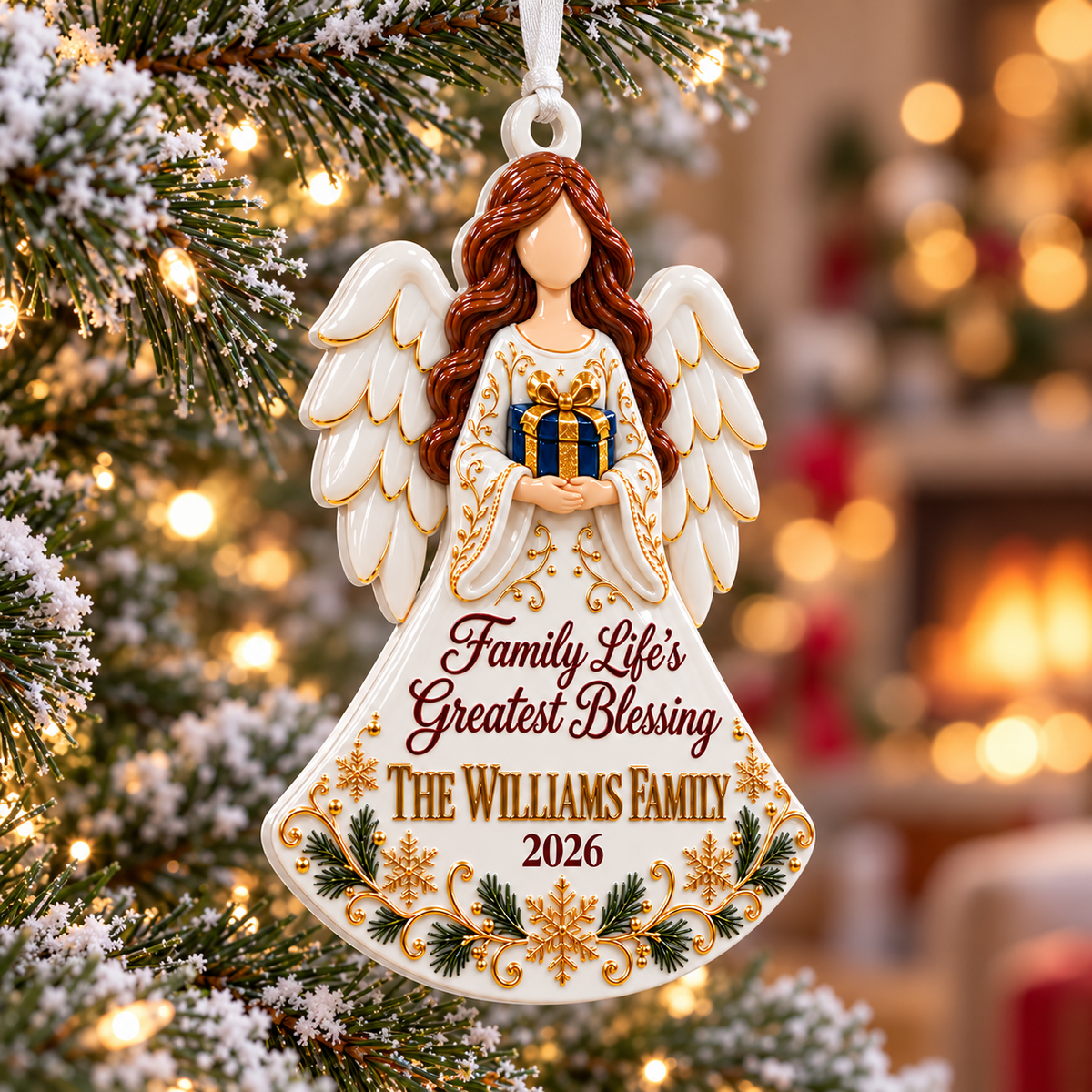 Family Blessing Angel Acrylic Keepsake with Wings and Gift Box Holiday Accent - 3D Relief Ornament