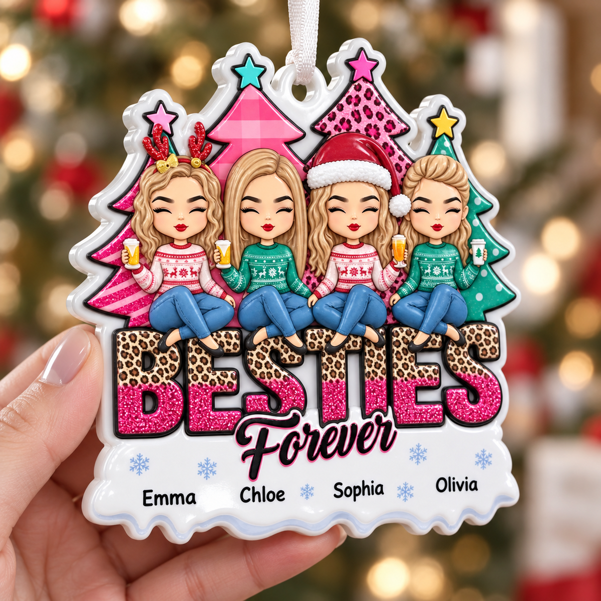 Four Friends Christmas Hanging Keepsake with Winter Holiday Trees - 3D Relief Ornament