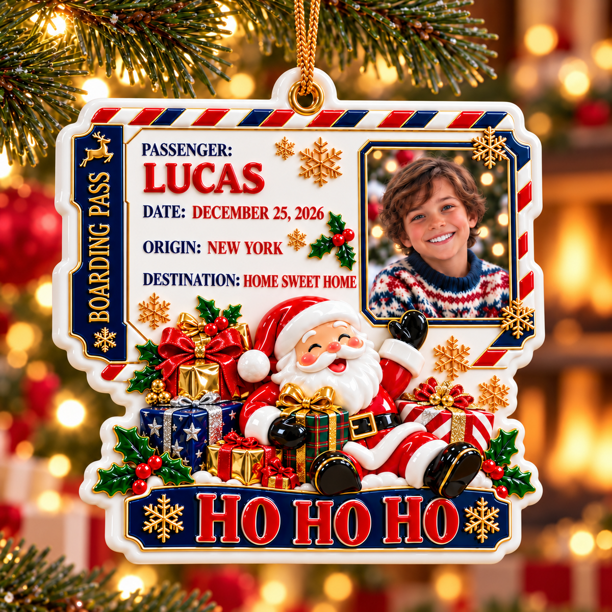 Santa Claus Boarding Pass Photo Frame Christmas Holiday Keepsake - 3D Relief Ornament