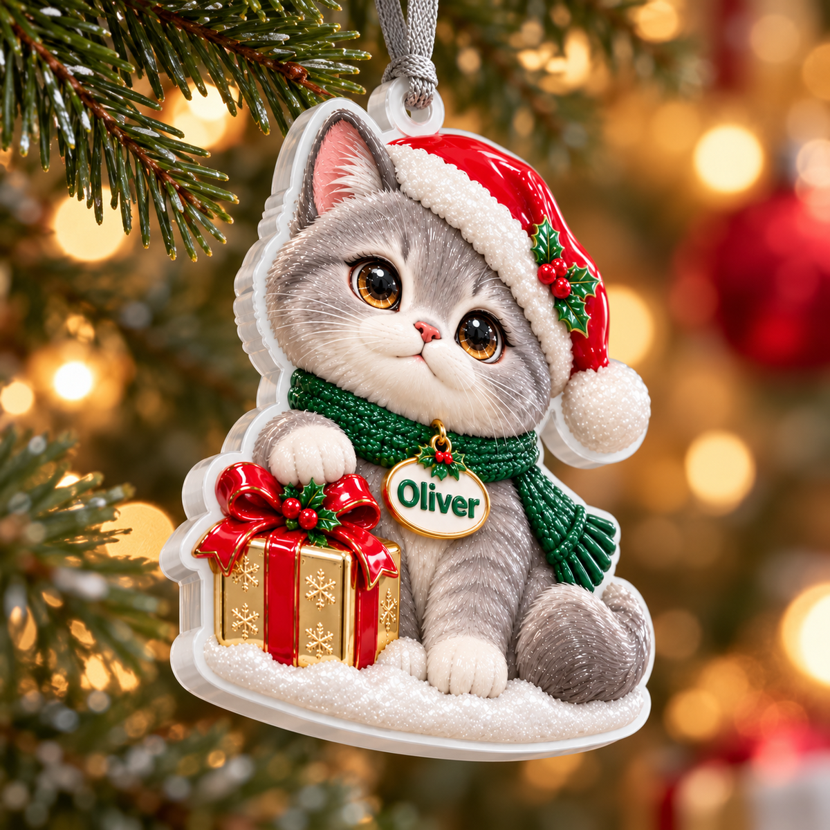 Christmas Grey Cat with Santa Hat and Holiday Present Acrylic Hanging Keepsake - 3D Relief Ornament