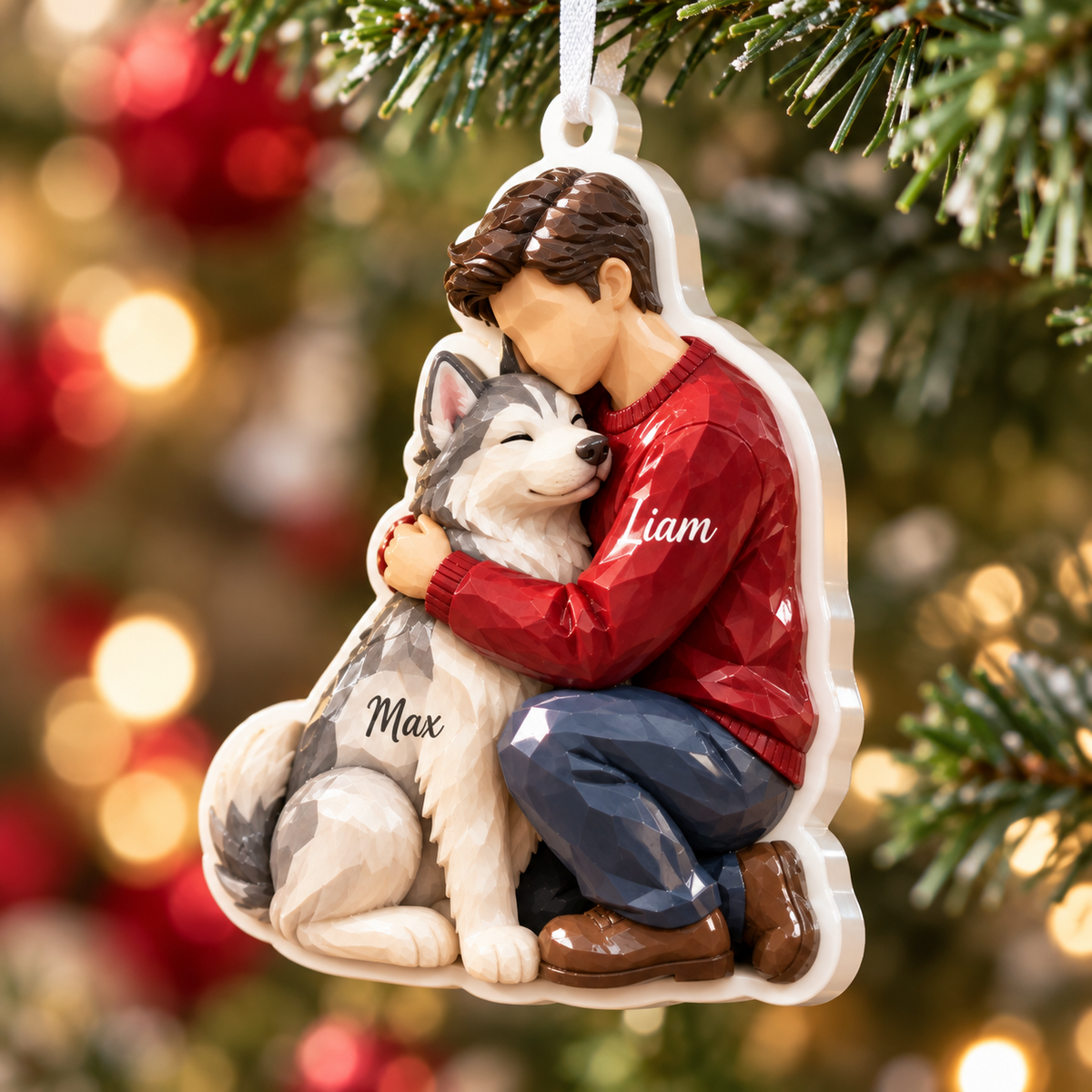 Boy Hugging Siberian Husky Dog Christmas Tree Hanging Keepsake - 3D Relief Ornament