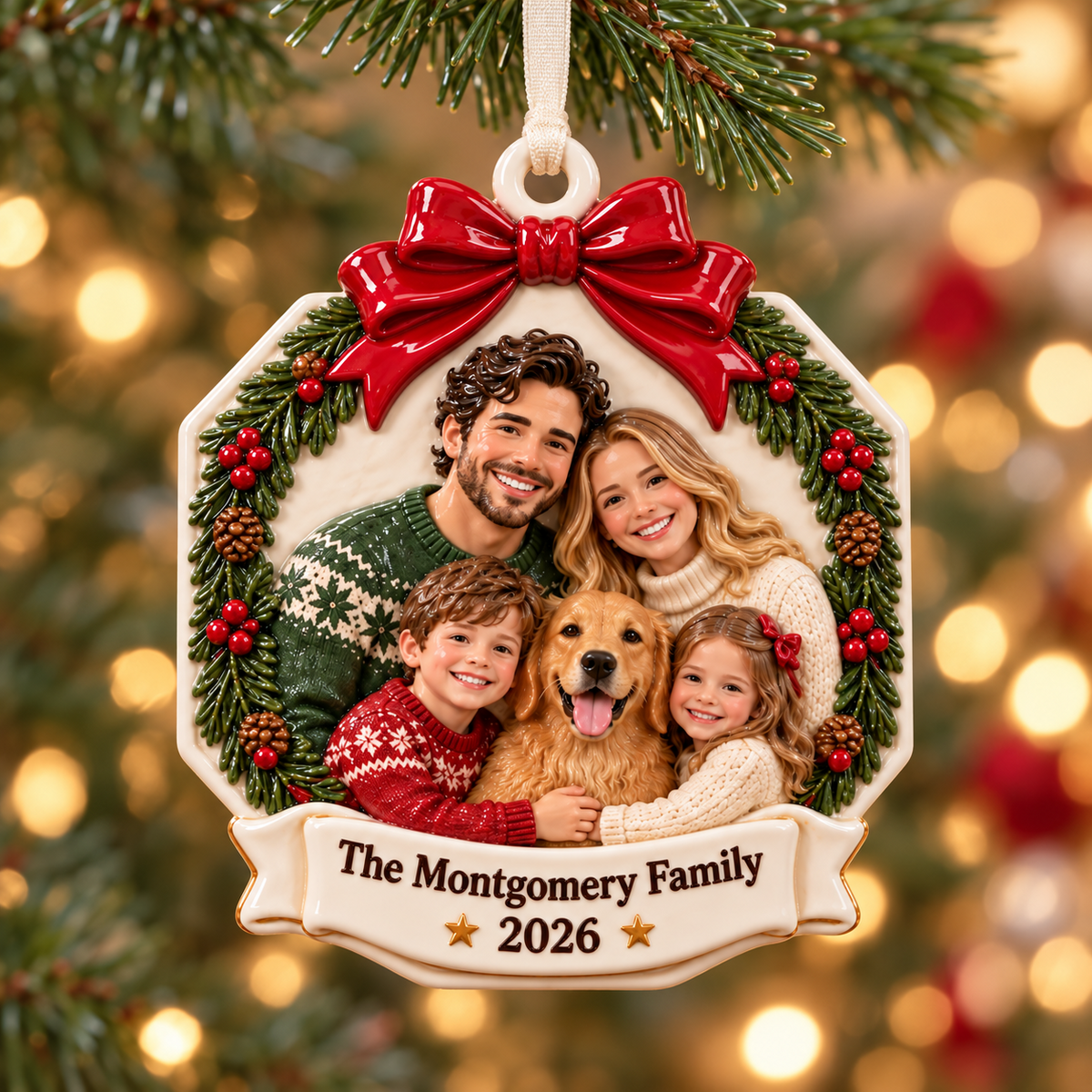 Family Portrait with Dog Wreath and Red Bow Ceramic Keepsake - 3D Relief Ornament