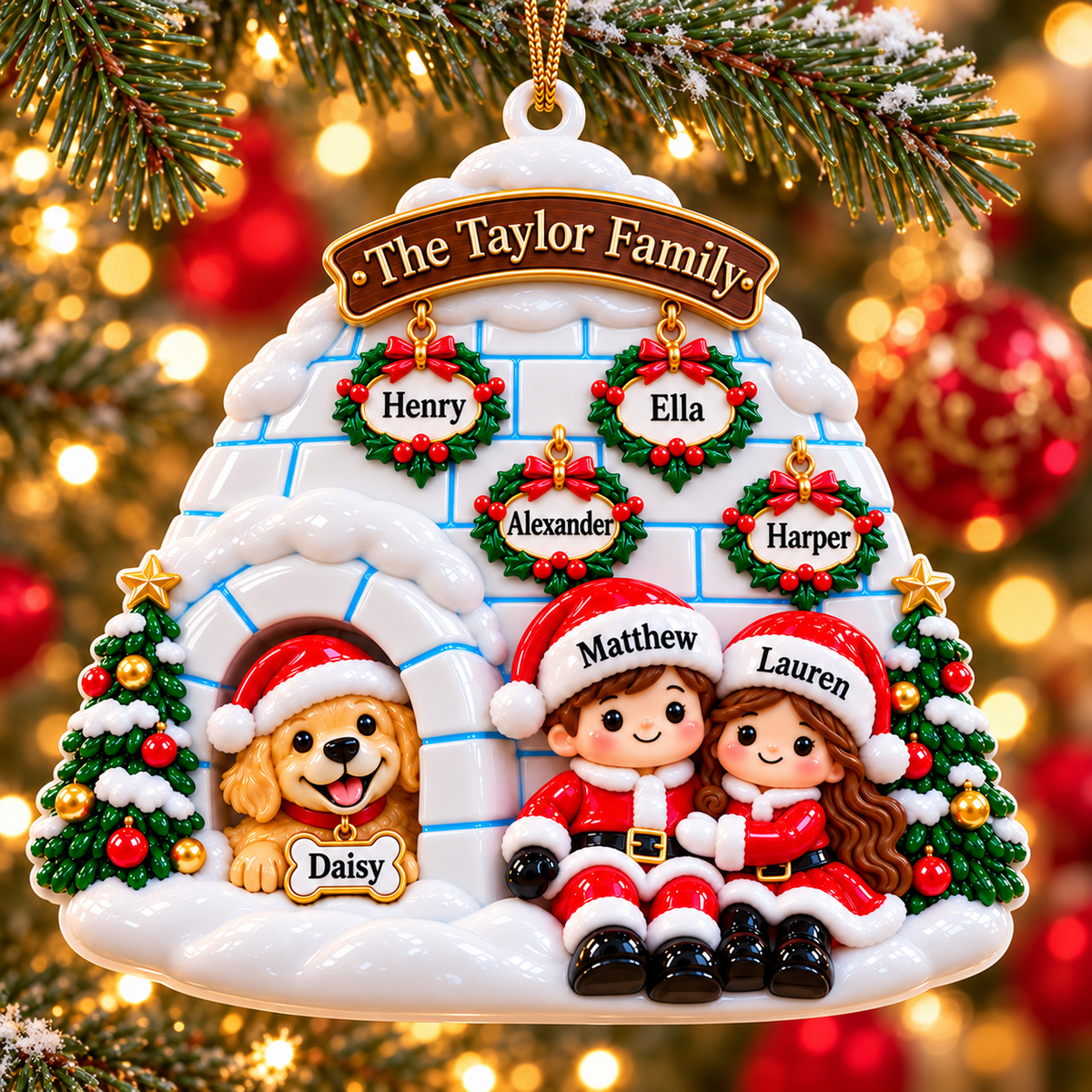 Winter Igloo Family of 6 with Dog Hanging Holiday Keepsake - 3D Relief Ornament