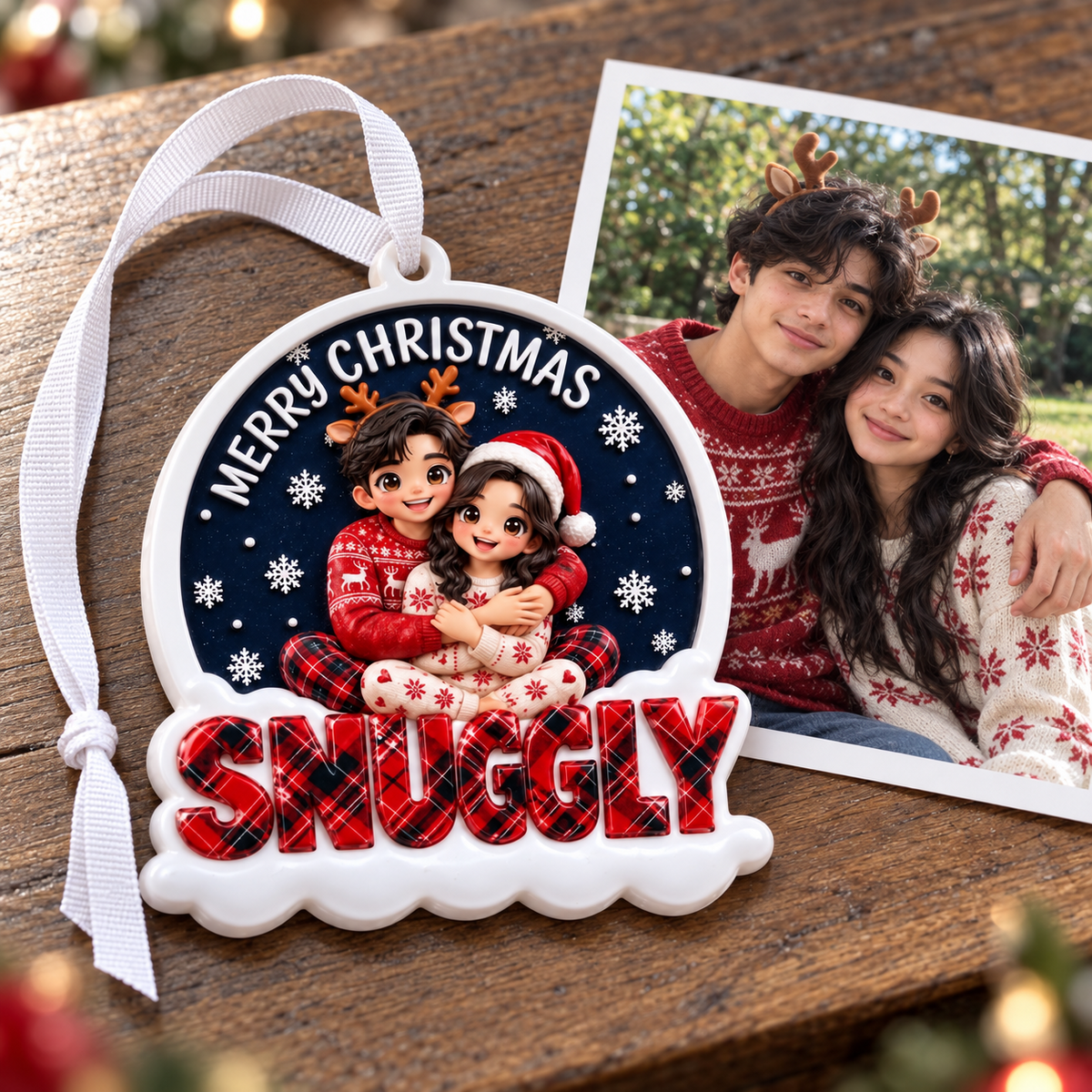 Merry Christmas Couple Hugging in Winter Pajamas Hanging Keepsake - 3D Relief Ornament