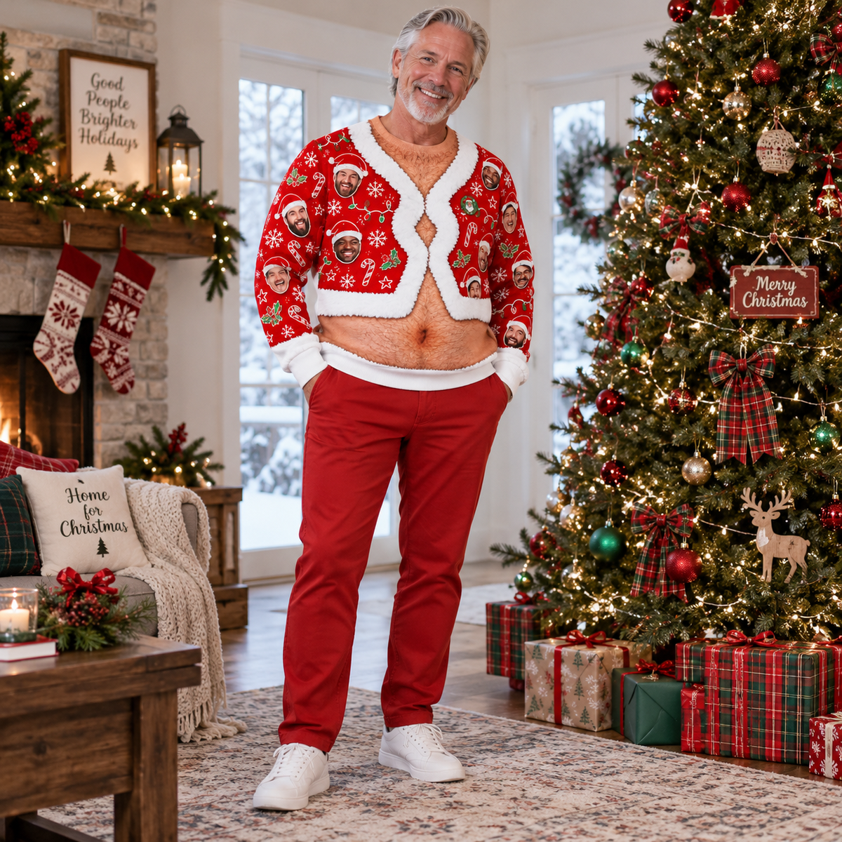 Hairy Chest Christmas Sweatshirt Faux Fur Cardigan Print Pullover