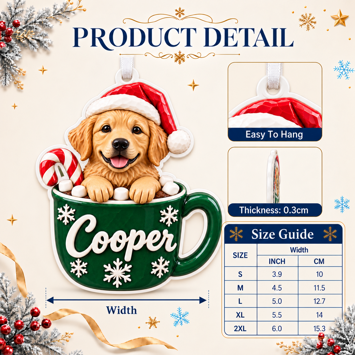 Golden Retriever Puppy in Cocoa Mug Christmas Tree Hanging Decor - 3D Relief Ornament