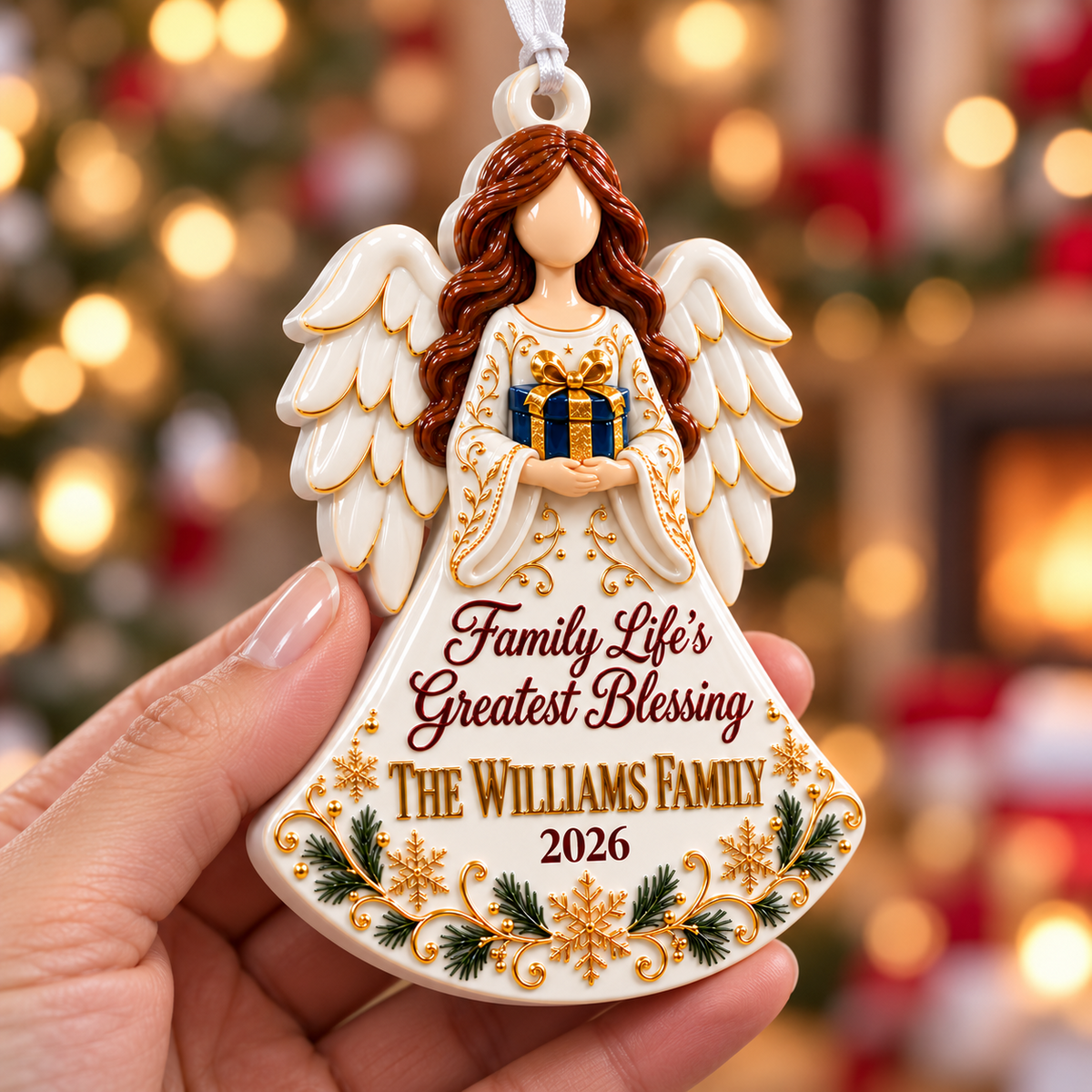 Family Blessing Angel Acrylic Keepsake with Wings and Gift Box Holiday Accent - 3D Relief Ornament