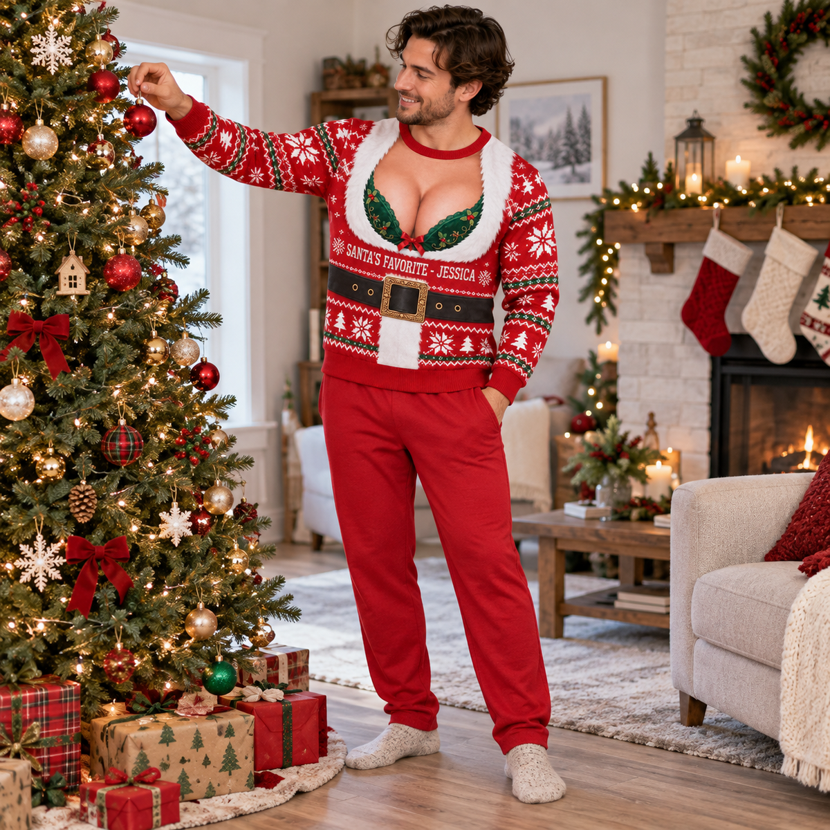 Ugly Christmas Sweatshirt Faux Cleavage Bra Graphic Gag Pullover
