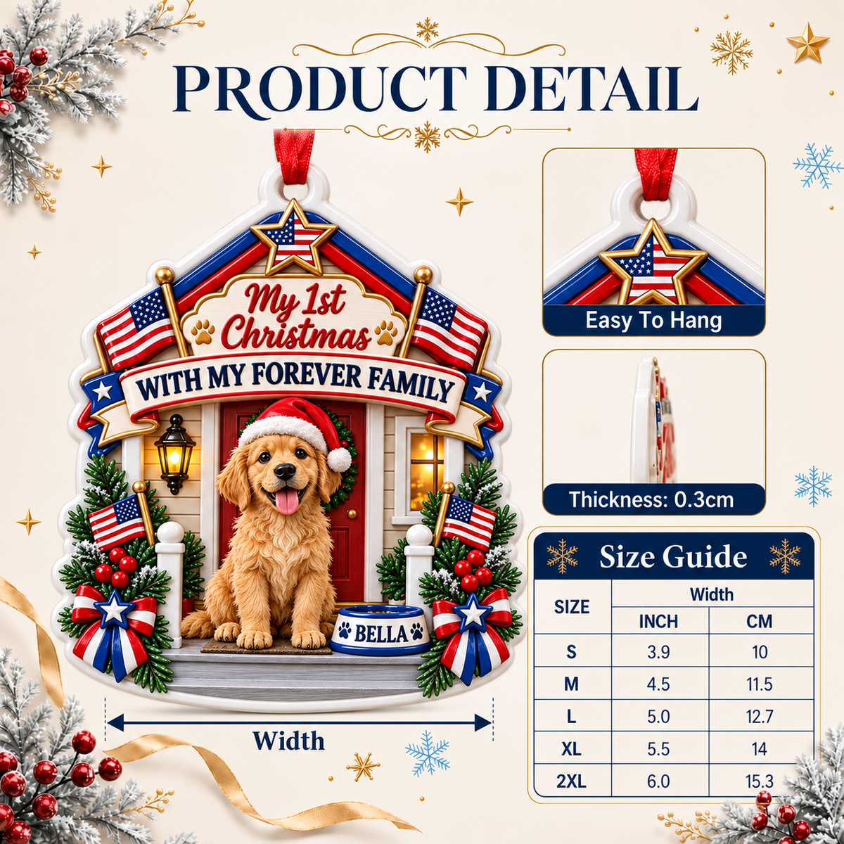 Golden Retriever Puppy First Christmas Forever Family Patriotic Porch Holiday Tree Decor - 3D Relief Ornament