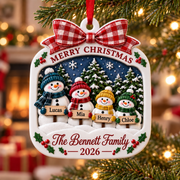 Snowman Family of 4 Christmas Tree Decoration with Red Plaid Bow - 3D Relief Ornament