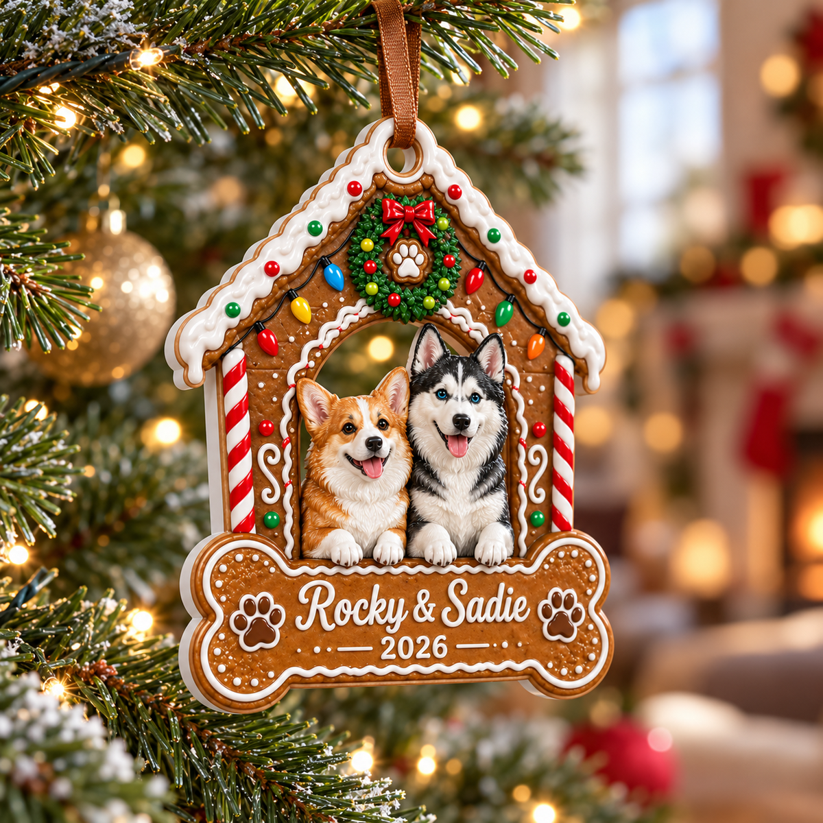 Gingerbread Doghouse Christmas Keepsake with Pet Figures and Bone Plaque - 3D Relief Ornament