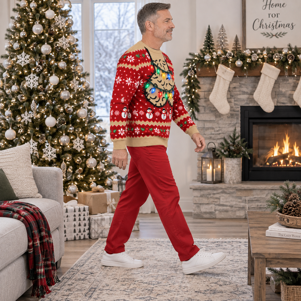 Funny Christmas Sweatshirt with Hairy Jingle Balls String Lights