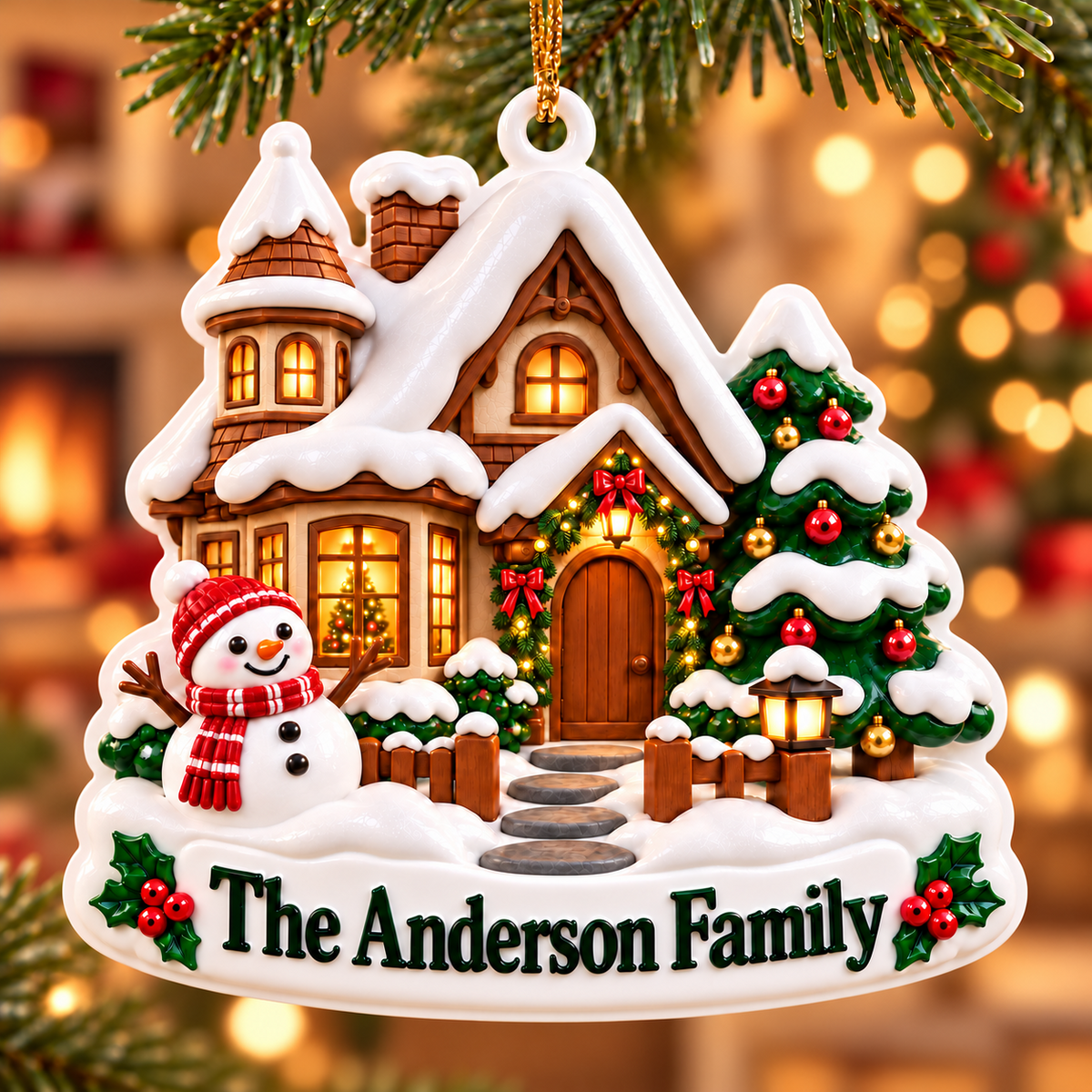 Snowy Winter House with Snowman and Christmas Tree - 3D Relief Ornament