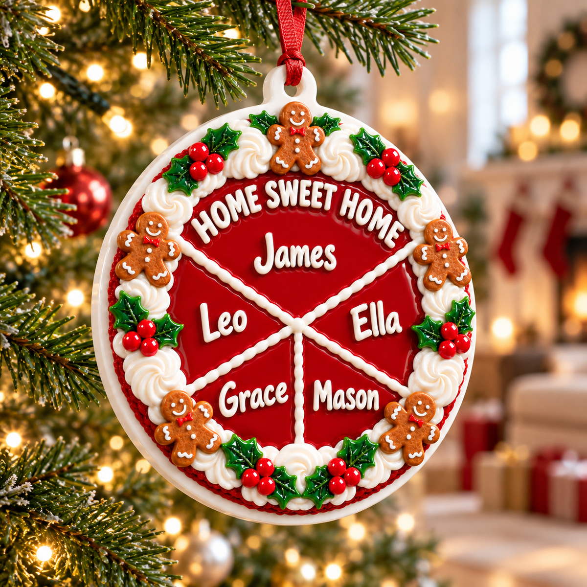 Round White Ceramic Holiday Bauble with Red Ribbon for Christmas Tree Decor - 3D Relief Ornament