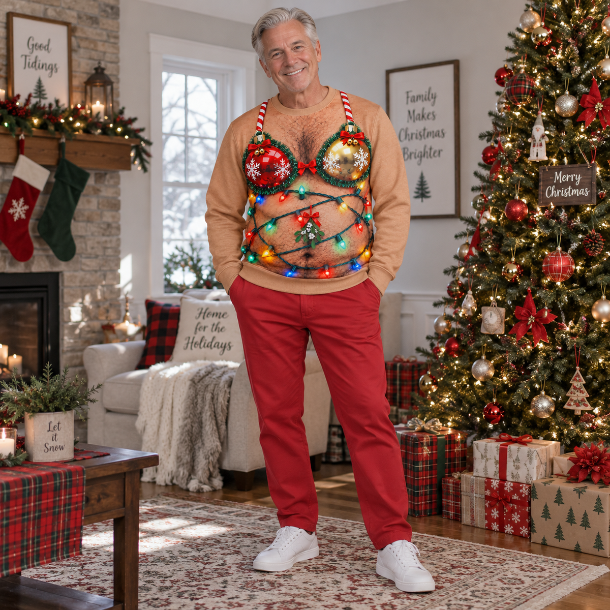Funny Christmas Sweatshirt Hairy Chest Bikini Graphic Tan Pullover