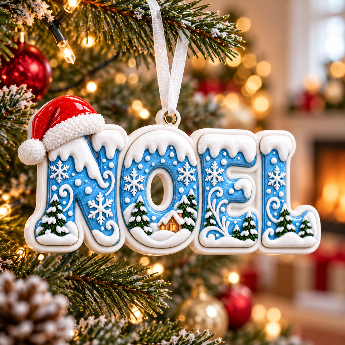 Winter Noel Lettering Holiday Tree Hanging Decor with Santa Hat - 3D Relief Ornament