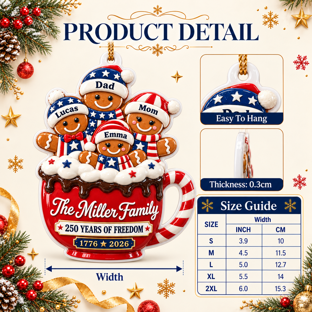 Patriotic Hot Cocoa Mug 250 Years of Freedom Holiday Tree Hanging Decor - 3D Relief Ornament