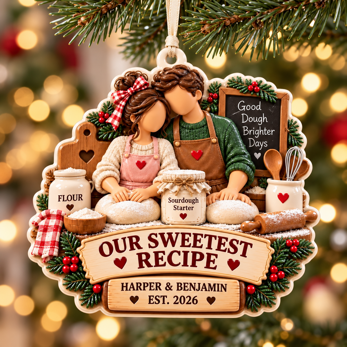 Baking Couple Holiday Keepsake with Sourdough Bread Kitchen Motif - 3D Relief Ornament