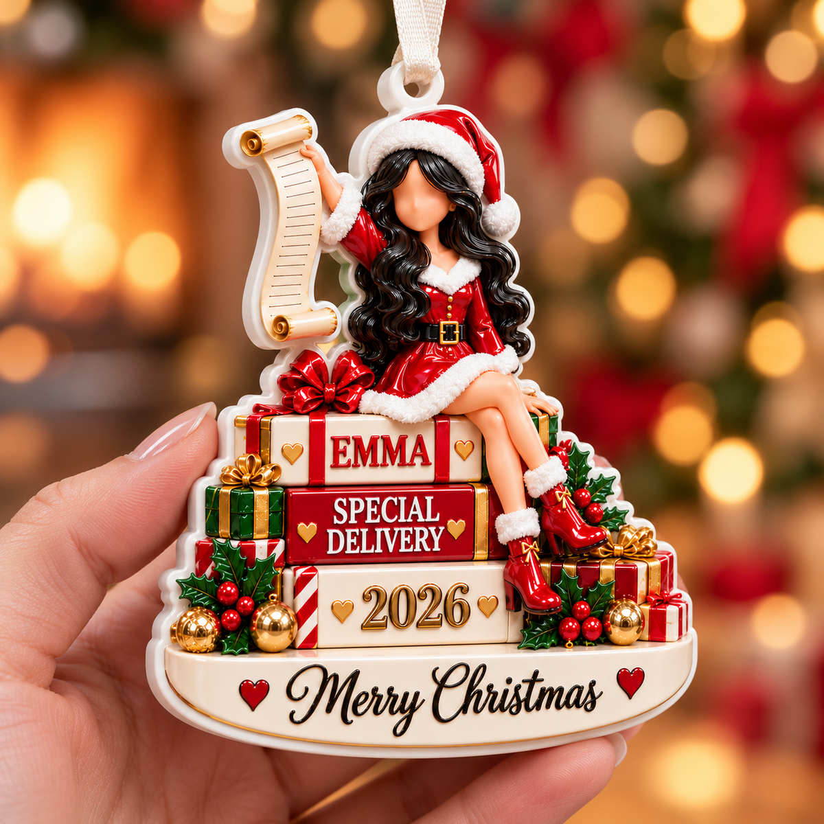 Christmas Girl on Gift Boxes Holiday Keepsake - 3D Relief Ornament