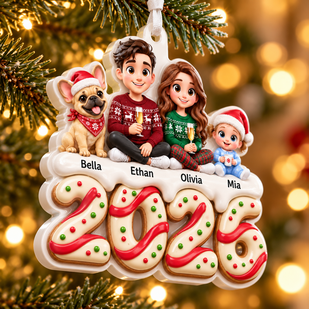 Family of Three with Dog 2026 Gingerbread Theme Christmas Tree Hanging Keepsake - 3D Relief Ornament