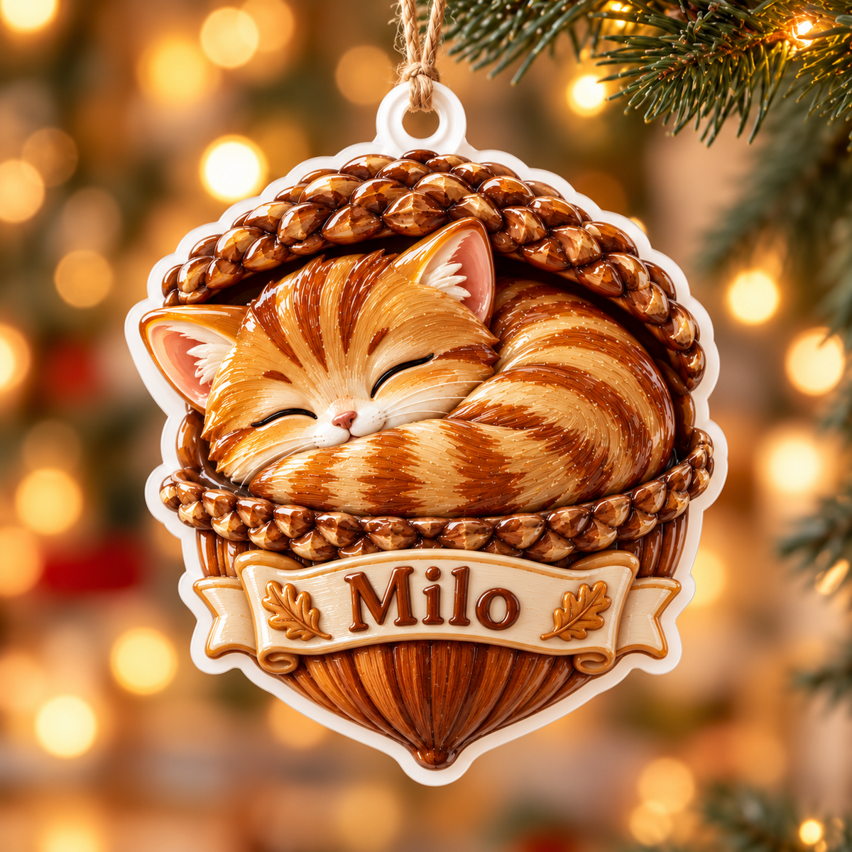 Sleeping Orange Tabby Cat in Acorn Basket Acrylic Holiday Keepsake - 3D Relief Ornament