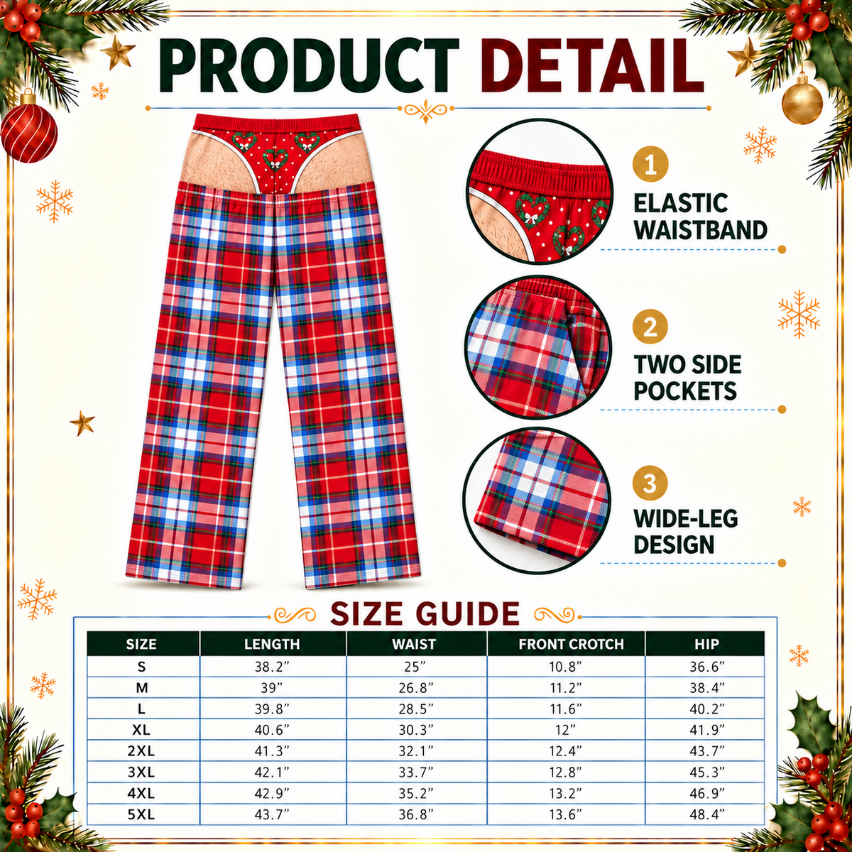 Plaid Pajama Pants with Faux Underwear Print Holiday Lounge Bottoms