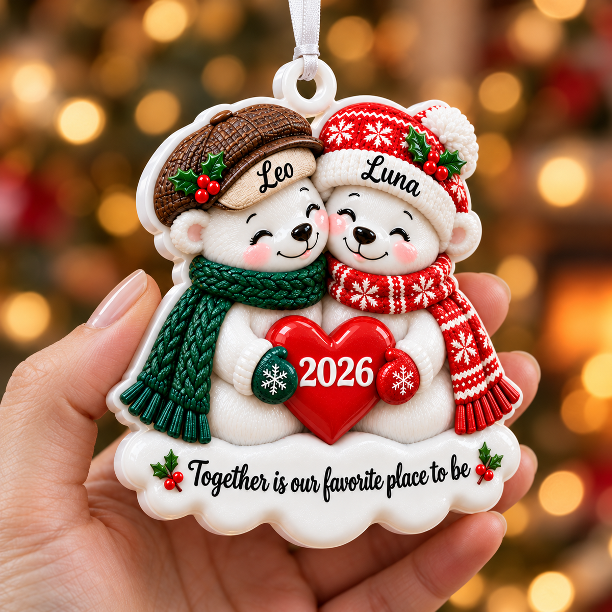Couple Polar Bears Holding Red Heart Winter Holiday Keepsake - 3D Relief Ornament
