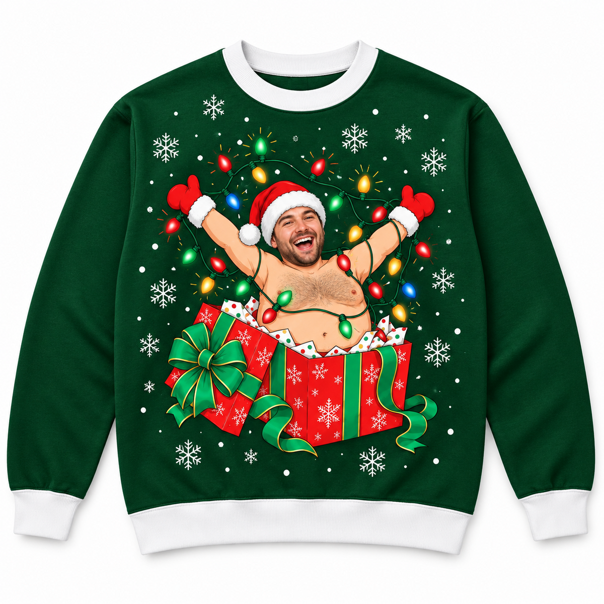 Christmas Sweatshirt Man in Wrapped Present Box Holiday Crewneck