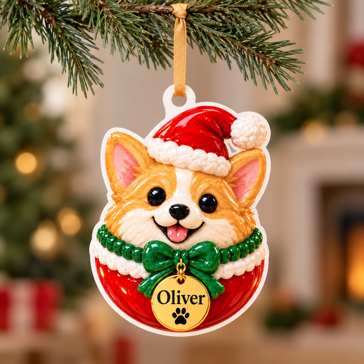 Corgi Dog in Santa Hat Christmas Tree Bauble Hanging Acrylic Keepsake - 3D Relief Ornament