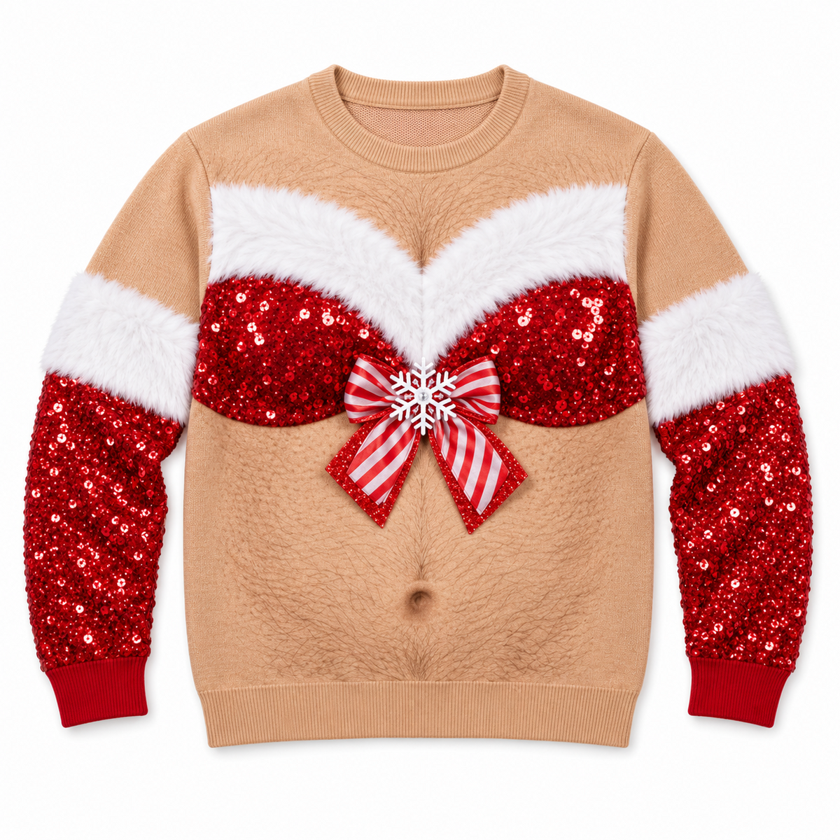 Ugly Christmas Sweatshirt Hairy Chest Sequin Bra Bow Crewneck
