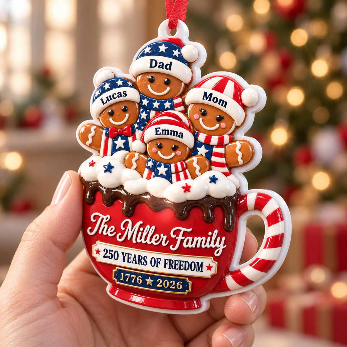 Patriotic Hot Cocoa Mug 250 Years of Freedom Holiday Tree Hanging Decor - 3D Relief Ornament