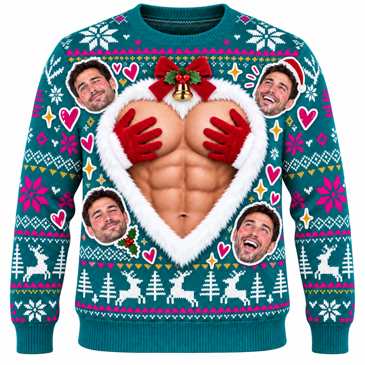 Funny Ugly Christmas Sweater Muscular Chest Heart Graphic Pullover