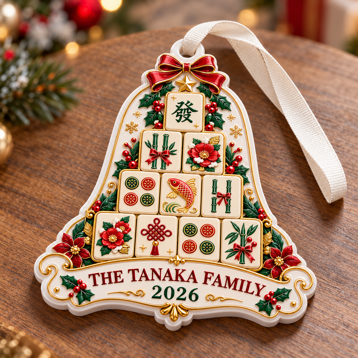 Mahjong Tile Christmas Bell Hanging Keepsake, Holiday Tree Decor - 3D Relief Ornament